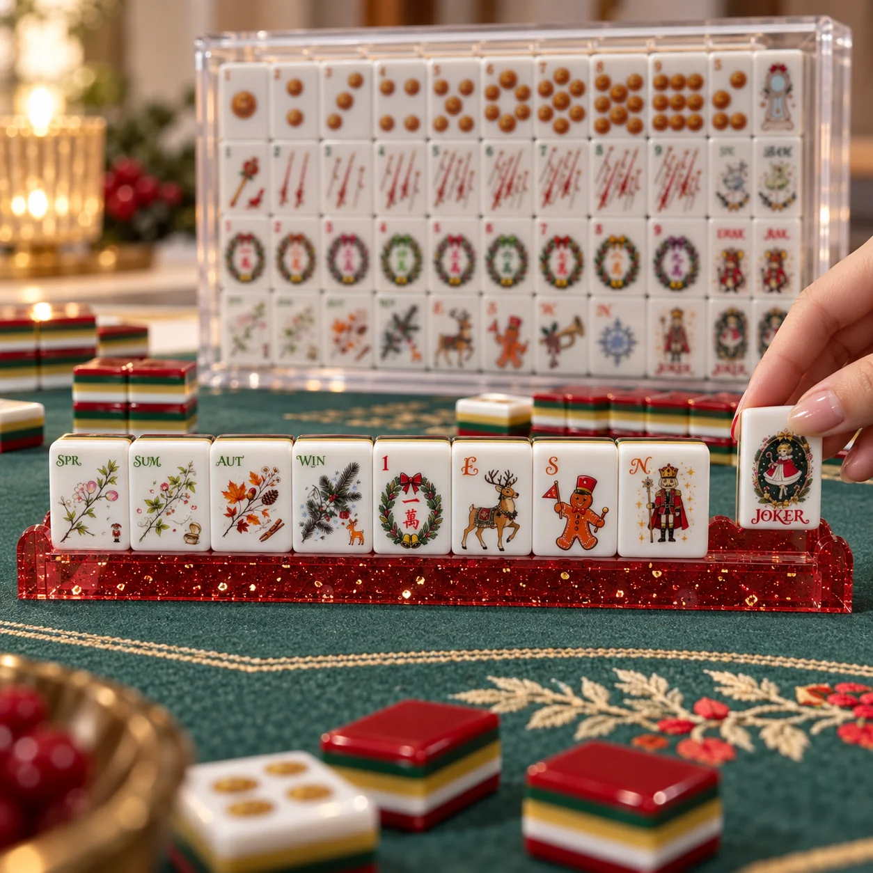 Nutcracker Ballet Christmas Red American Luxury Mahjong Set 160 Cards 4 Layers Acrylic Carving Custom Holiday Gift Adult