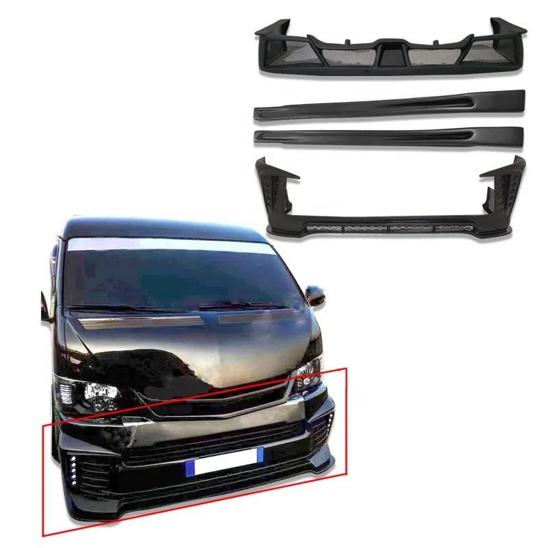 Car Front Face Kit Lip with Led Light Rear Diffuser Lip Side Skirts for Toyota Hiace 200 Series 2014-2018 Auto Body Kit Parts