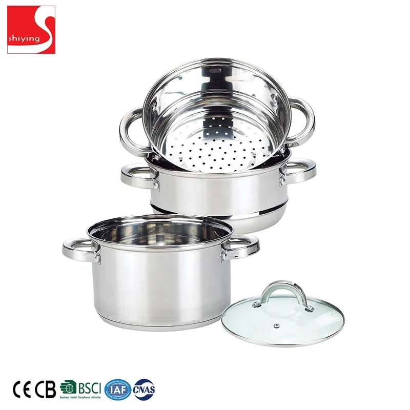 Customized Stainless Steel Cookware 3 Layer Pasta Pot Big Cooking Pot With Steamer