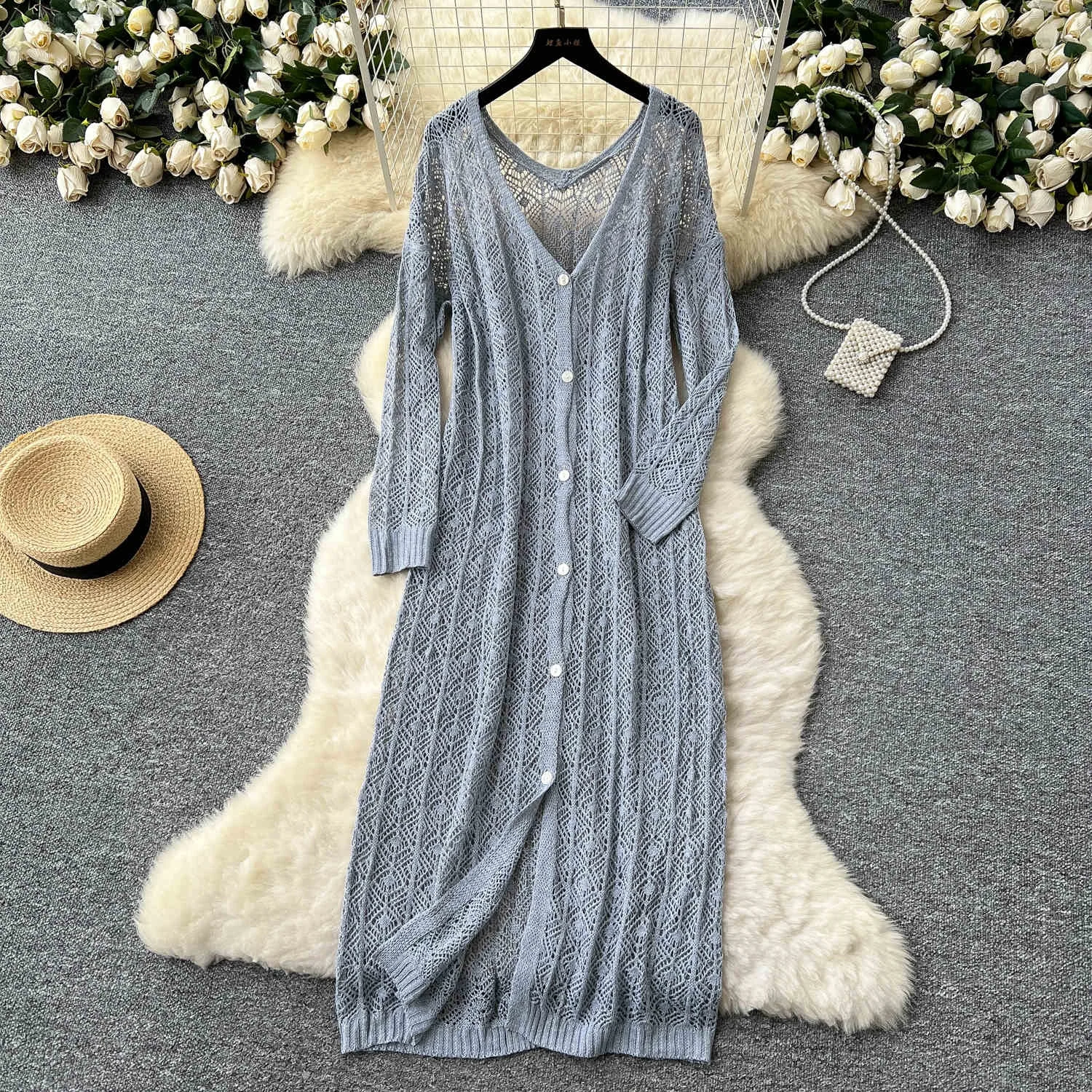 Women's Temperature Hollow Crochet Knit Cowl Dresses Outer Thin Cardigan  Long Dresses