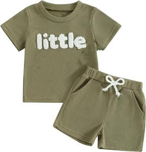 Customize Embroidery  Boy Clothes Summer Short Sleeve  Print T-Shirt Tops Shorts Set Waffle Knit Outfit for 6 Years Boys