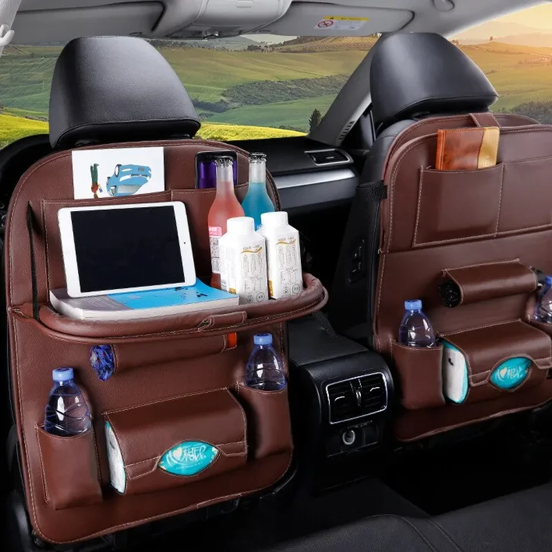 Car Seat Back Organizer With Foldable Table Tray Pu Leather Storage ...
