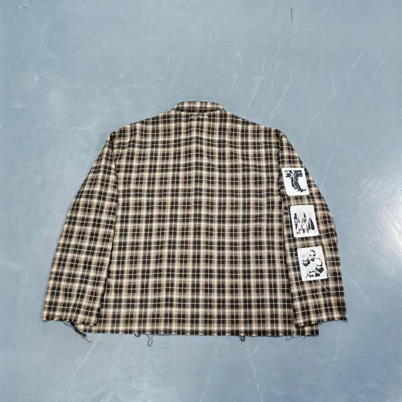Custom Men Cotton Shirts Sun Faded Button up Long Sleeve Rhinestone Check Plaid Acid Wash gallery 2