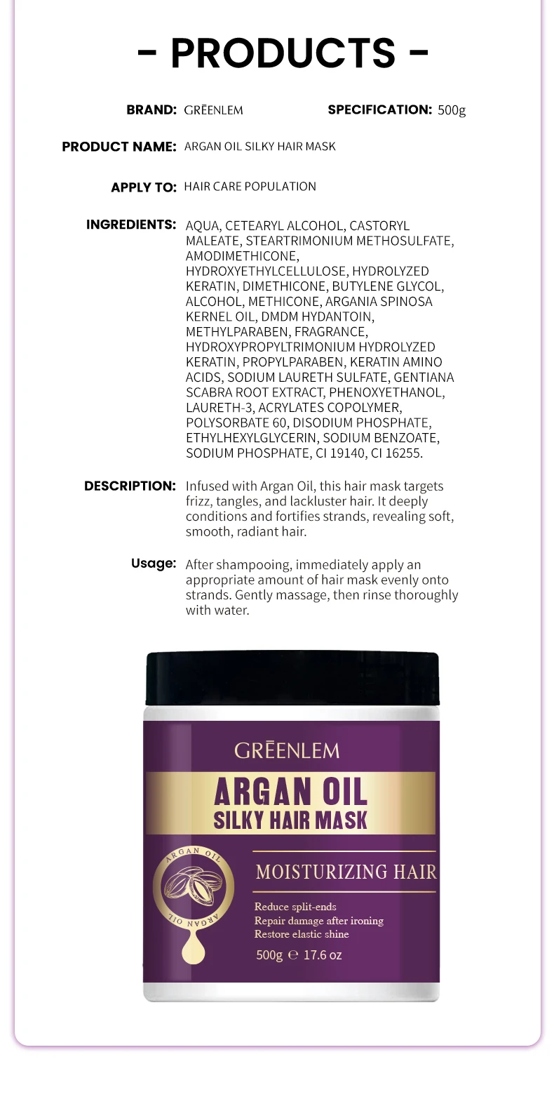 OEM/ODM Argan Oil Silky Hairmask Repair Smoothing Concentrated Formula Nourishing Moisturizing for Dry(pic5)