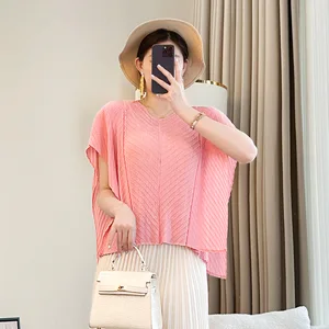 2026 Summer New Arrival Women's Foreign-Style Pink Pleated Age-Reducing Top Short-Sleeved T-Shirt Front Casual Slim-Fit Loose
