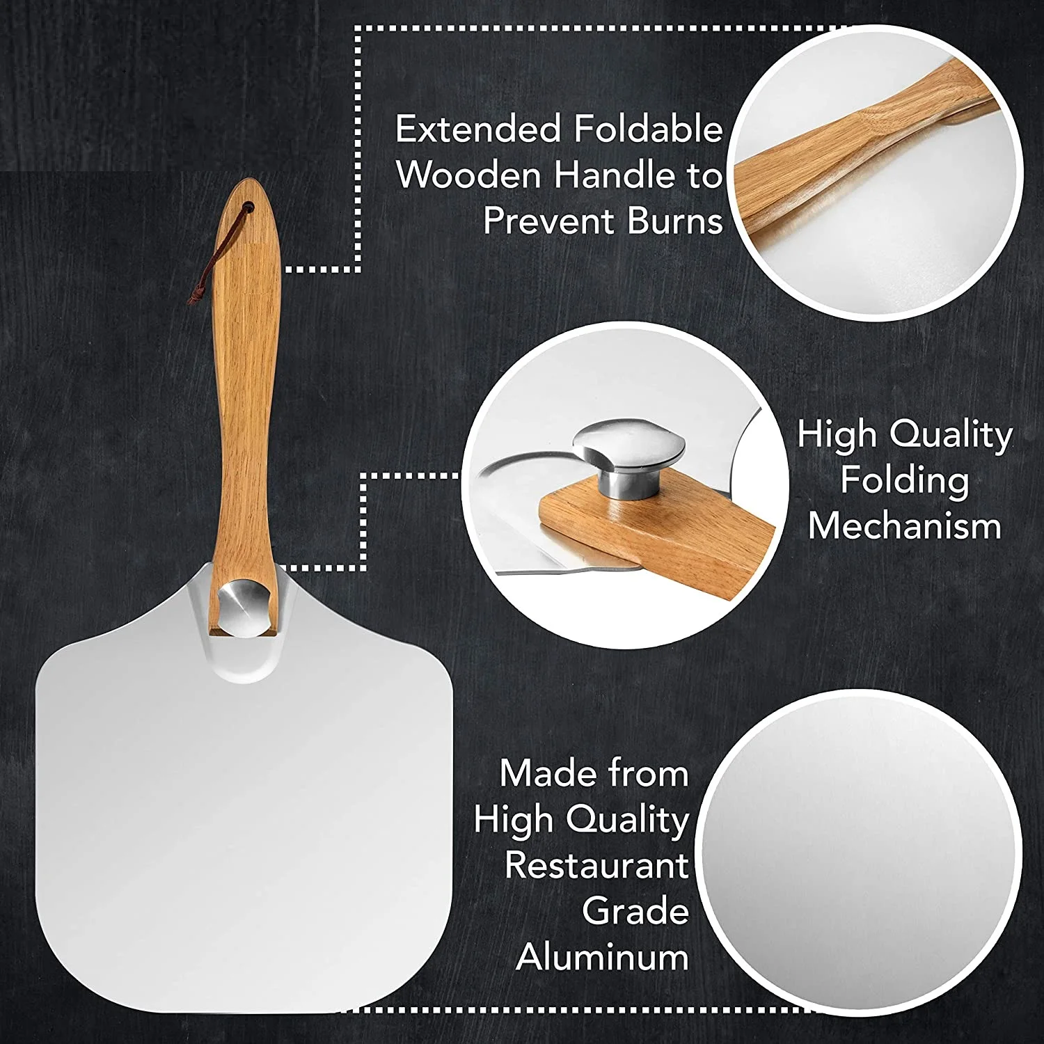 High Quality Aluminium Turning Pizza Peel With Folding Wooden Handle