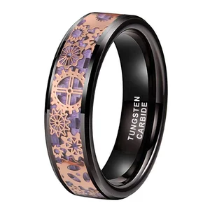Coolstyle Jewelry 6mm Black Tungsten Ring for Men Women Couple Wedding Band Steampunk Gear Wheel Carbon Fiber Inlay Comfort Fit