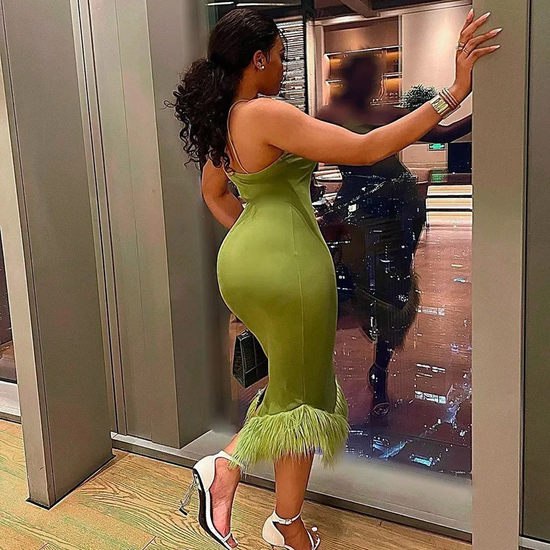 Ojw4958l Women Knitted Oneshoulder Halter Neck Temperament Dress