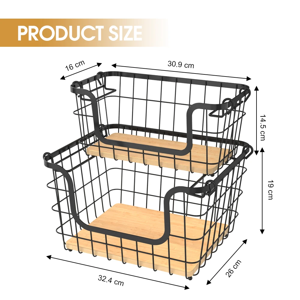 WIREKING 2 Pack Stackable Wire Storage Baskets Pantry Organization and Storage Wire Organizing Basket With Handle