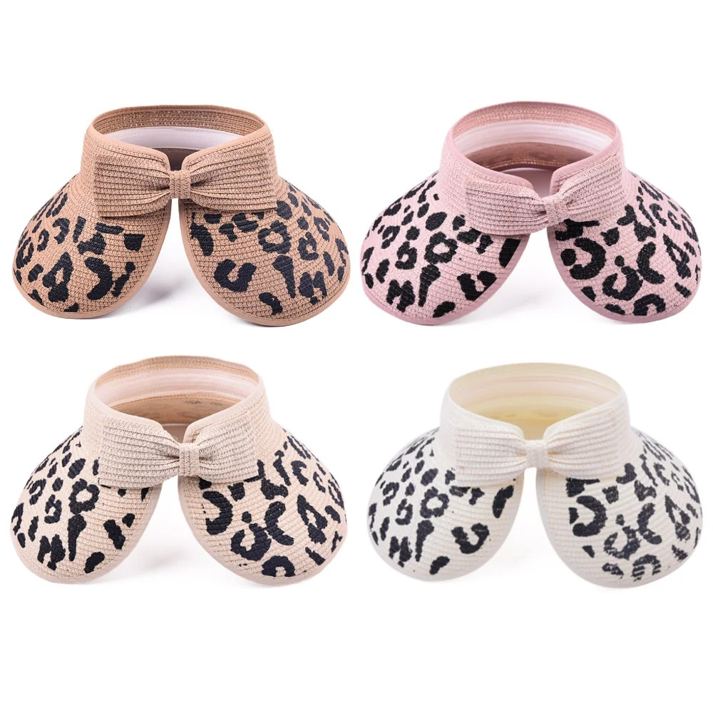 Leopard Print Foldable Visor Hat Beach Vacation Sun Protection Breathable Straw_voghion.com