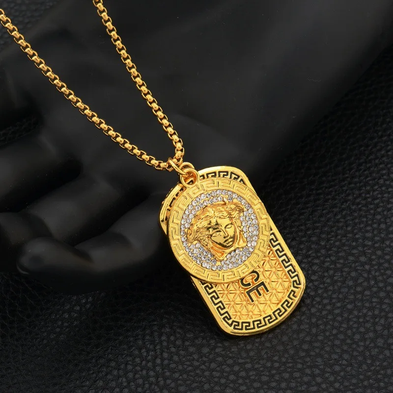 Hip Hop Style Gold Plated Full Diamond Greek Square Pendant Necklace Fashionable Chains Women Men Christian Symbol Pearl