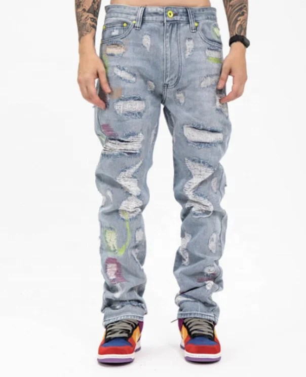 EDGEDENIM Personalizar o logotipo Afligido Calças Denim Carta Bordada Zig  Zag Afligido Saco Homens Jeans Masculino