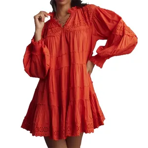 Women's Fashion New Design Custom Make Black 100% Cotton Floral Loose Fit Pullover Styling Long Sleeve Lace Mini Dress