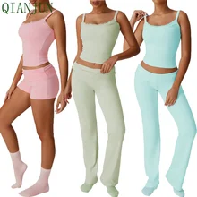 Ladies Sporty Yoga Shapewear Off-the-Shoulder Ruffled Vest New Style Fitness Yoga Set Fold Over Flare Leggings