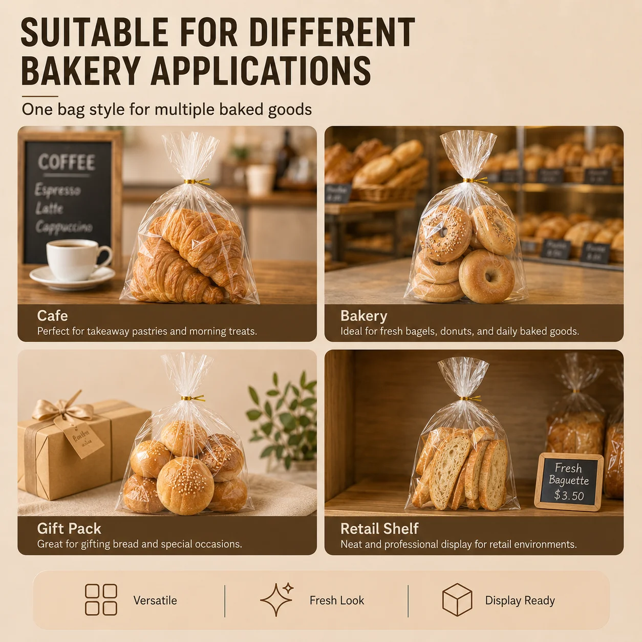 Wholesale Transparent Cello Treat Flat Bags with Twist Ties Custom Printed BOPP Clear Bread Packaging Bag