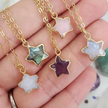 Natural Crystal Quartz Gemstone Charms for Necklace Earring Bracelet Making Five-pointed Star Shape Pendant with Gold Edge