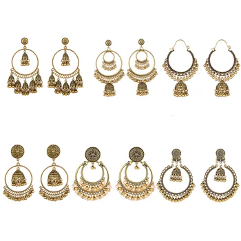 Factory Wholesale Vintage India Bell Ladies Earring Jhumka Indian Custom Elegant Big Gold Hoop Dangle Jewelry Earrings