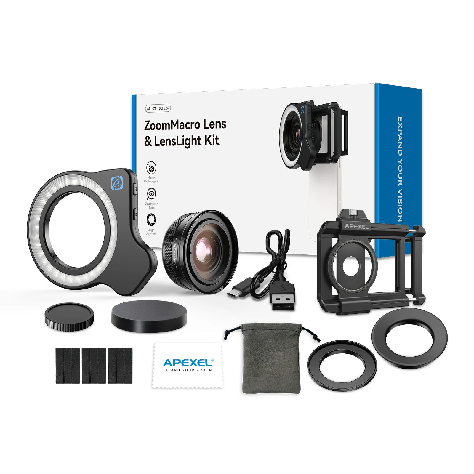 Apexel 10-20X Zoom Macro Lens with LED Light for Video Photography