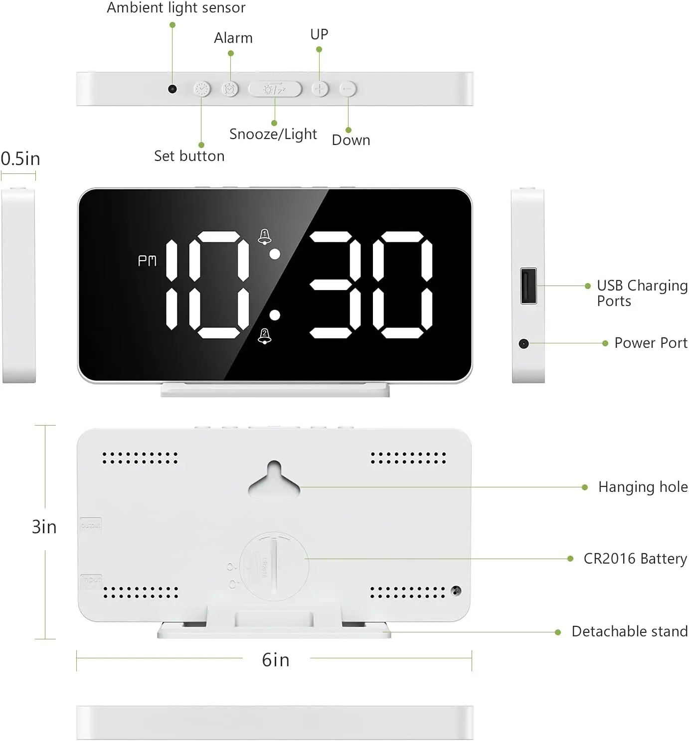 LED Snooze Clock 2 Alarms Digital Mirror Screen Time Date Display Electronic Clock USB Charging Photosensitive Digital Clock