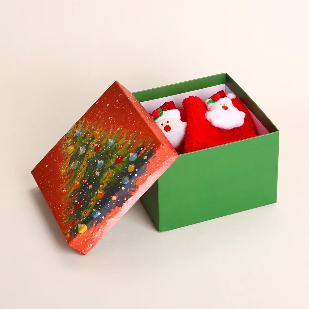 Manufacturer Custom Christmas Socks Packaging Rigid Grey Board Paper Gift Square Box for Christmas