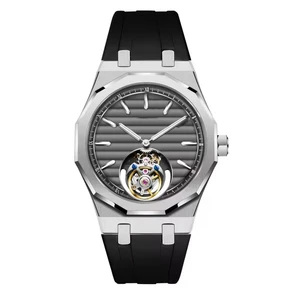 OEM Customized Brand LOGO 316L Stainless Steel Mechanical Watch Men's Luxury Hollow Gray Dial Tourbillon Watch With Rubber Band