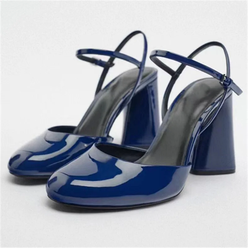 Elegant Spring Ladies Shoes Blue Patent Leather Round Toe Thick Heel Slingback Block Heels For Women Mary Jane Pumps - Image 5