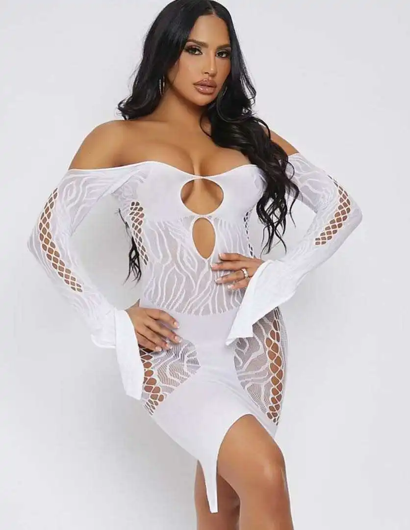 1pc Black Sexy Lingerie Long Sleeve Bodystocking With Crotchless  Perspecitive Fishnet Bodysuit