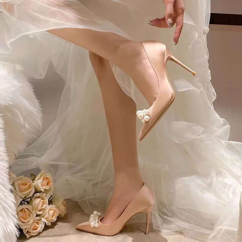 Women Bridal Shoes Pearl Wedding Party Shoes High Heels Satin Pointed Toe Female Stiletto Pumps - Image 3