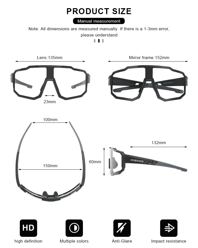 RIDERACE Cycling Glasses UV400 Protection Bicycle Sunglasses Photochromic Polarise Lens Eyewear Outdoor Riding Goggles for Men