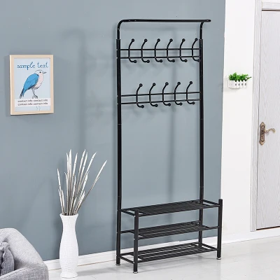 Black Metal Entryway Storage 3 Tier Shoe with Coat Hat Rack 18 Hooks