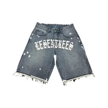 Custom Print Letter Men Washed Baggy Denim Jorts Frayed Hem Shorts