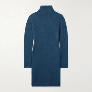 Knitwear Manufacturer Custom Spring Autumn Blue Turtleneck Long Sleeve Ribbed Knit Women Sweater Dress