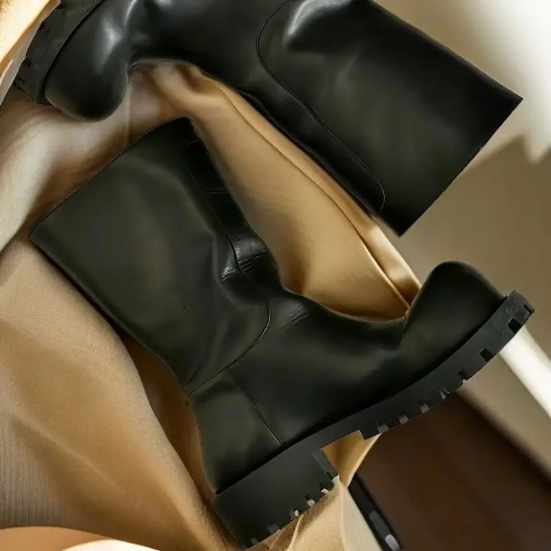 Fashion Men Low Heels Black Leather Autumn Winter Boots Big Toe Ankle Mid-calf Western Cowboy Boots - Image 4