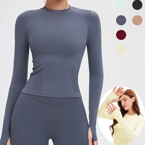 Seamless Crop Yoga Top Crew Neck Thumb Hole Long Sleeve High Elastic Gym Workout Running Outdoor Sports Wear for Women