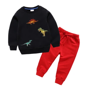 Wholesale Solid Plain Dinosaur Embroidery Kids Outfit Set Baby Kids Boys Clothing Set for Fall