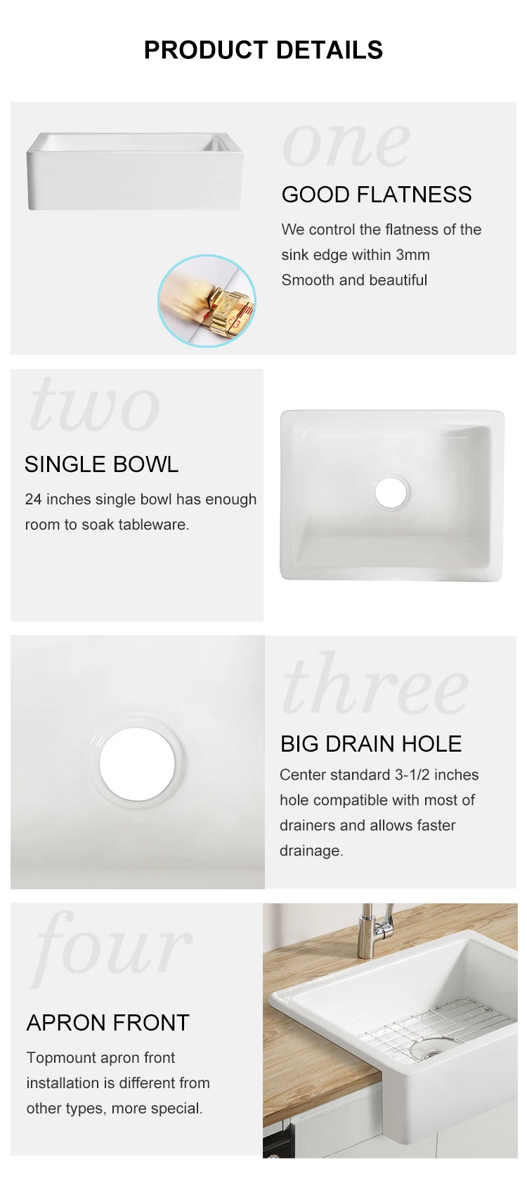 Non Yellowing Single Bowl White Farmhouse Apron Ceramic Kitchen Sink