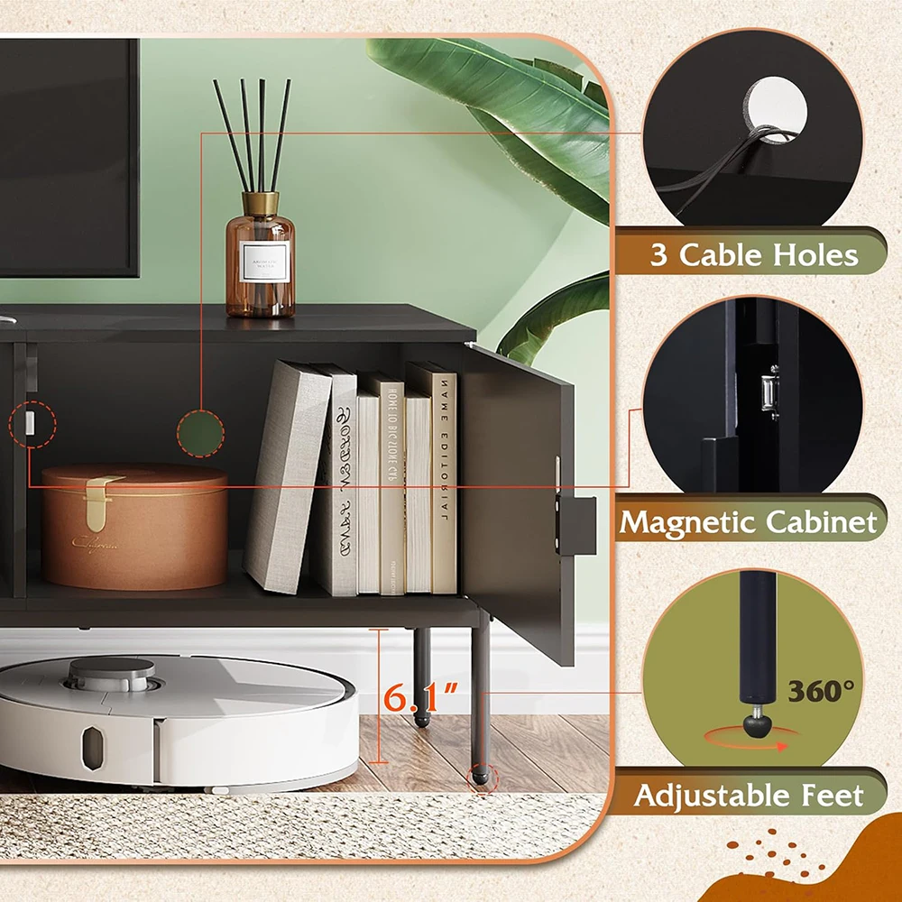 product nu deco farmhouse 65 inch tv stand with 2 storage cabinets open shelf wooden material metal legs black for living room  bedroom-3