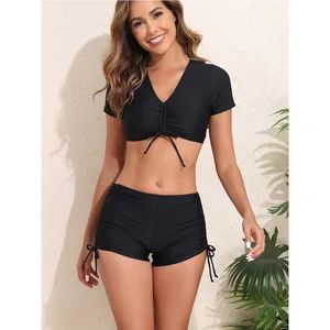 Solid Color Sexy Short Sleeve Bikini Set for Women Two Piece Swimsuit with Crop Top and Shorts Bottom Swimwear