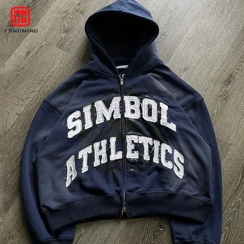 Custom Clothing Manufacturers Oversized Zip Up Hoodie Dtg Print Distressed Embroidery Zipper French Terry Acid Wash Hoodies Men