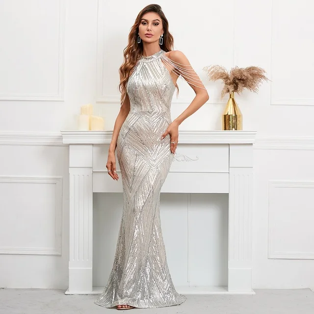 2023 Elegant Off Shoulder Silver Sequin Evening Dress Women New Party Maxi Dress Long Prom Dress