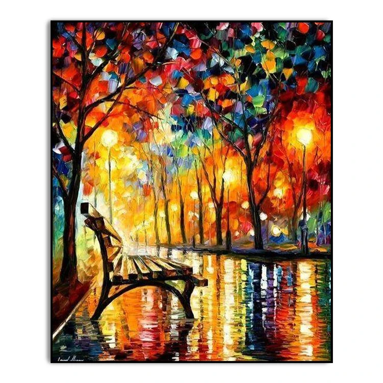 ハンドメイドオイルペインティング「雨の夜」印象派風景画