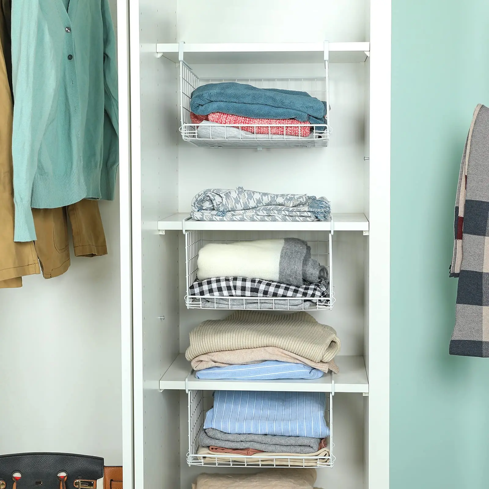 3-tier Under Closet Shelf Basket Hanging Clothes Storage Organizer ...