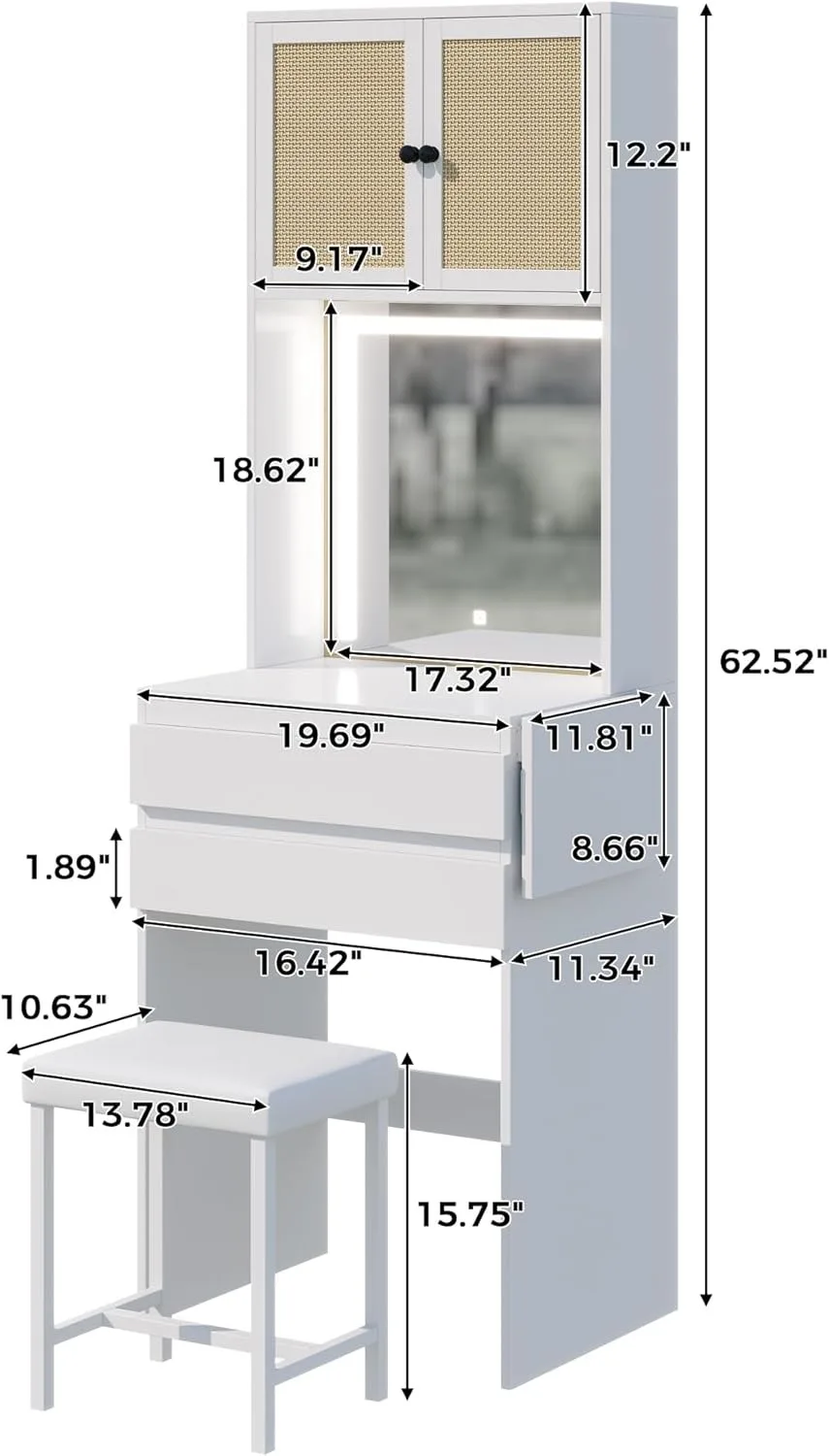 Adjustable Small Dressing Table with Mirror and Drawers Space Saving Skinny Panel Cabinet Vanity Desk for Makeup