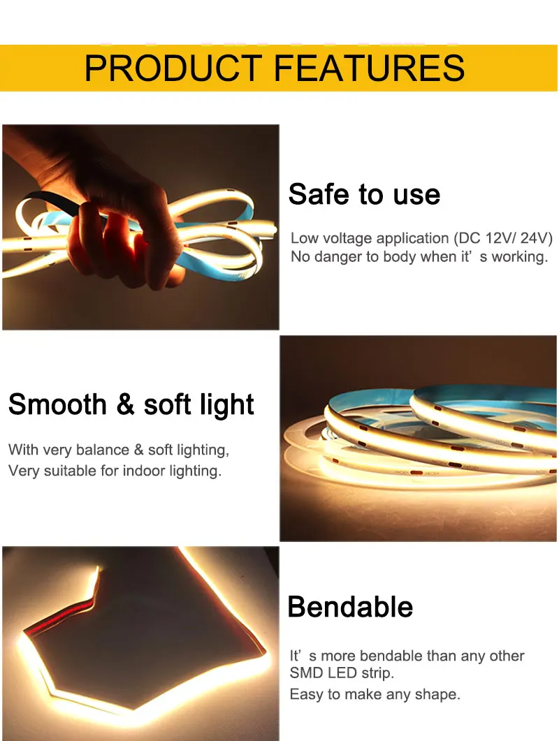 CRI 90 RA Dotless Flexible COB LED Strip Lights 12V 24V 320LED/M High Density 0