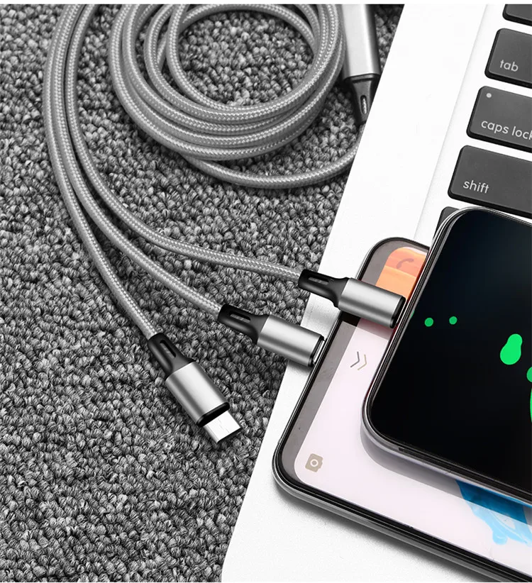 Hot sell 3 In 1 Micro USB Type C Charger Cable Multi Usb Port nylon  braid Usb Charging Cable  For Mobile Phone Cables