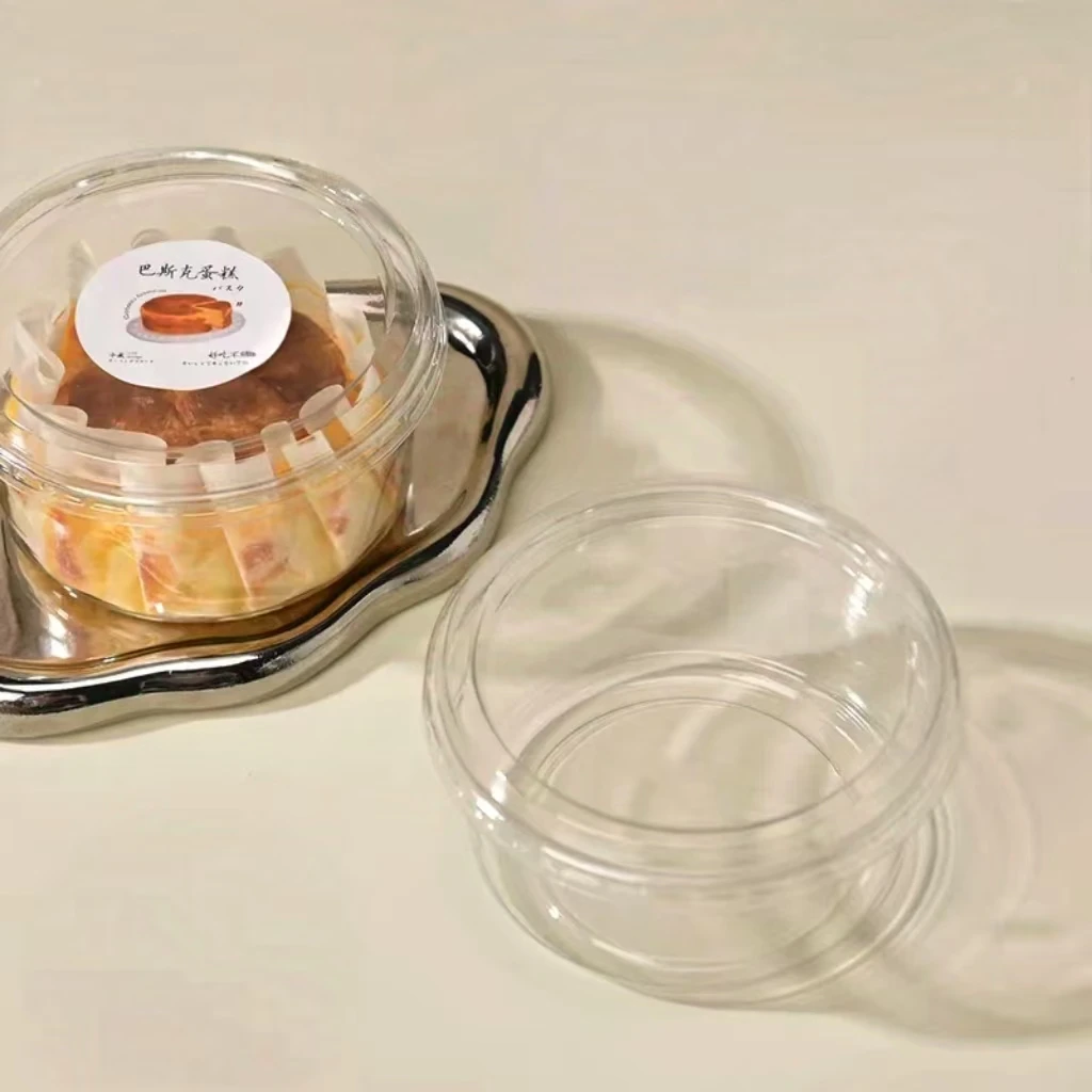 Crystal Transparent Hard PET Plastic Small Dessert Basque Cake Container Round Mousse Cake Packaging Box for Food Use