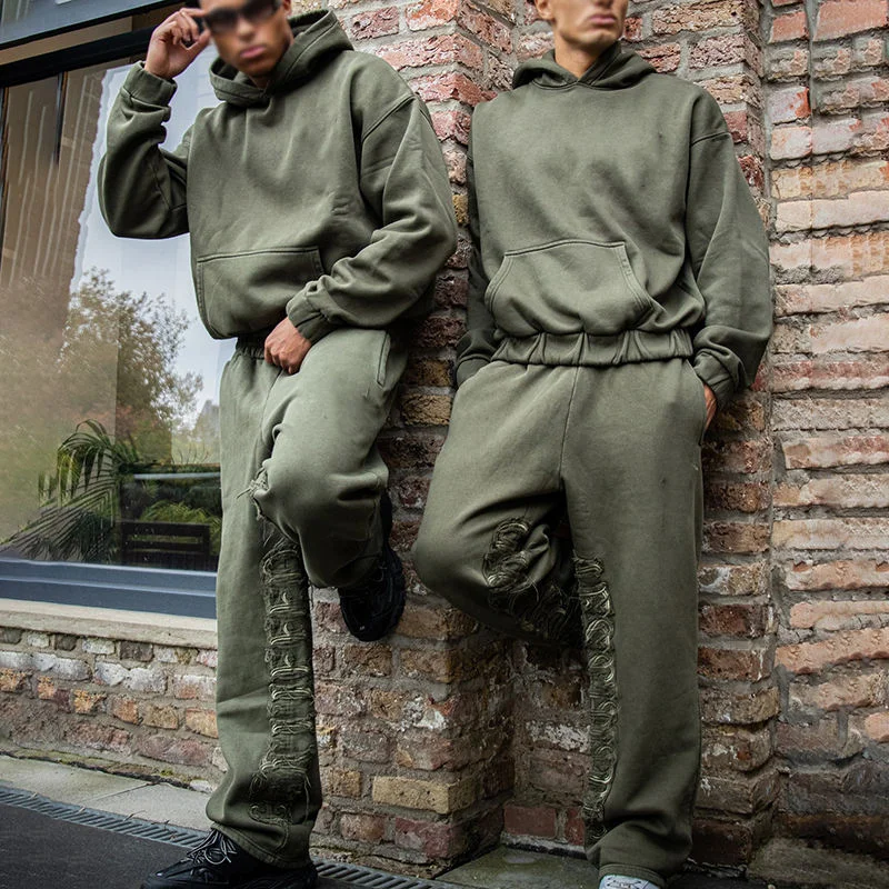 OEM Custom Embroidery Tracksuit Men and Woman Streetwear Plain Washed Pullover Hoodie and Sweatpants Set French Terry Sweatsuit gallery 3