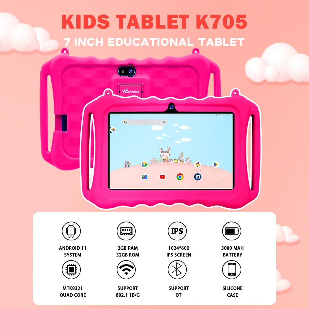 7インチ子供用タブレット、Android搭載、2G+32GB、Wi-Fi、教育用キッズ
