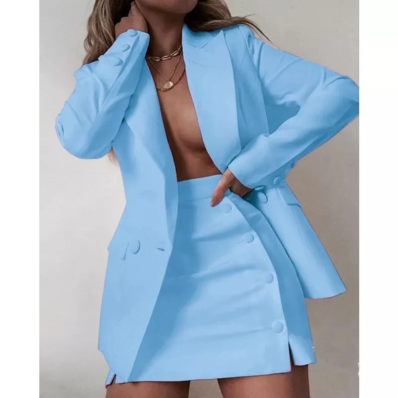 BL302 New 2022 Fasion trend Plus Size Solid Color Women Office Blazers And Dress Two Piece Set