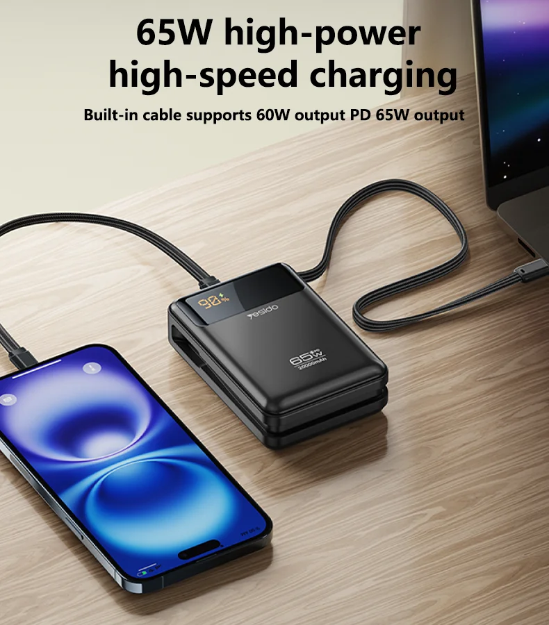 Yesido 20000mAh PD65W Fast Charging Digital Display With 40cm Long Type-C Cable Power Bank Rechargeable Notebook YP97